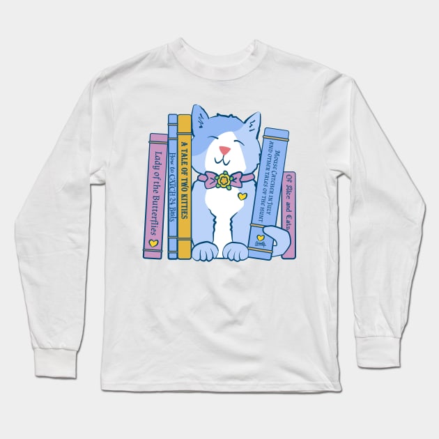 Kitten with Books Cute Cat with Literature Long Sleeve T-Shirt by Sue Cervenka